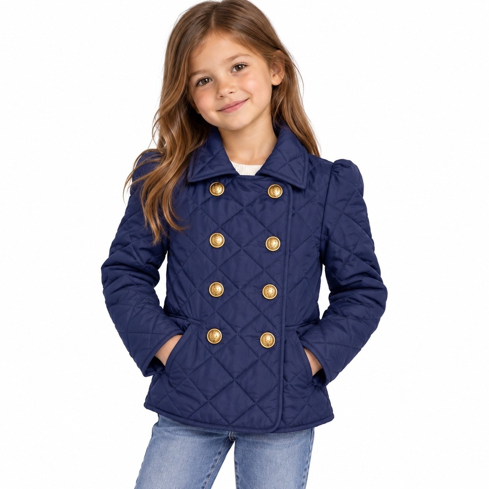 Ralph Lauren Quilted Jacket Double Breasted Crest Button Preppy Navy Blue S(7)